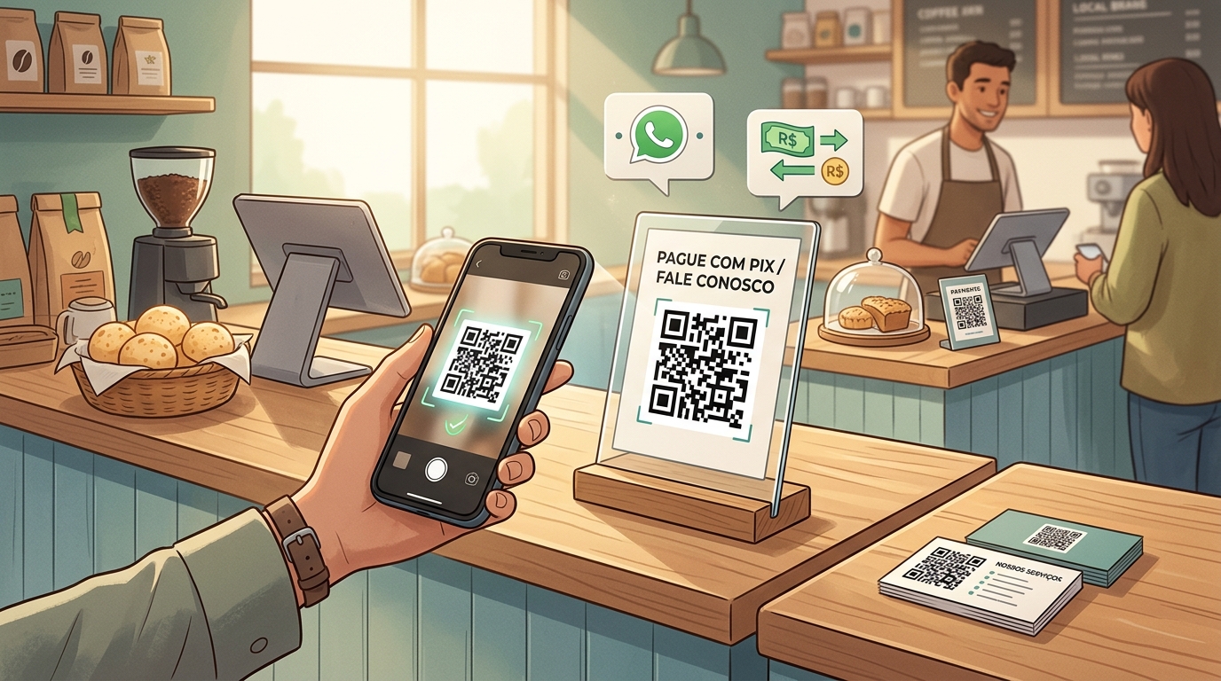 Pequeno negócio usando QR Code para facilitar contato pelo WhatsApp e pagamentos por Pix