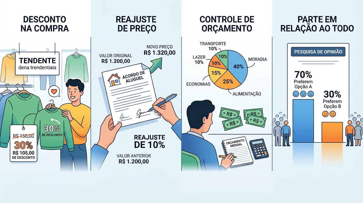 Situações do dia a dia em que o cálculo de porcentagem é utilizado.
