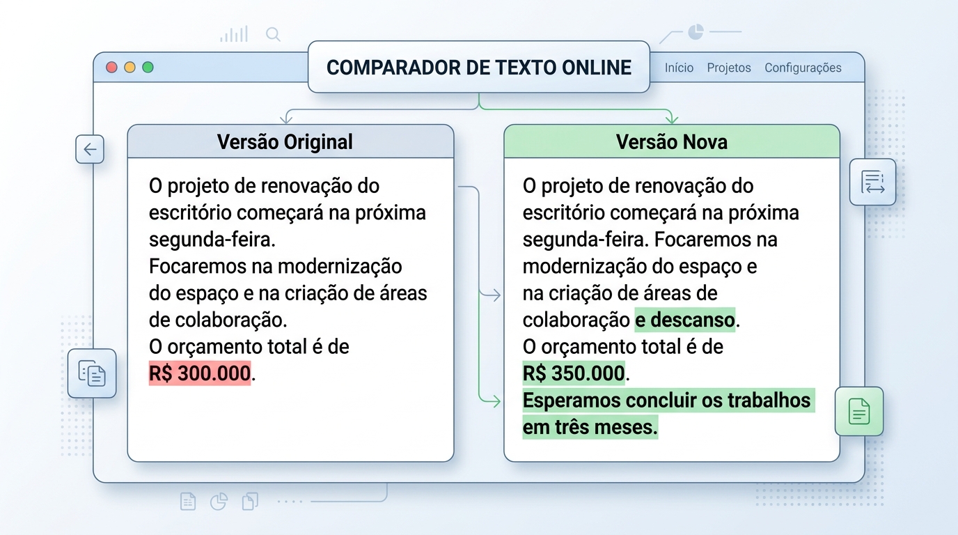 Comparação entre duas versões de um texto com trechos adicionados e removidos destacados.