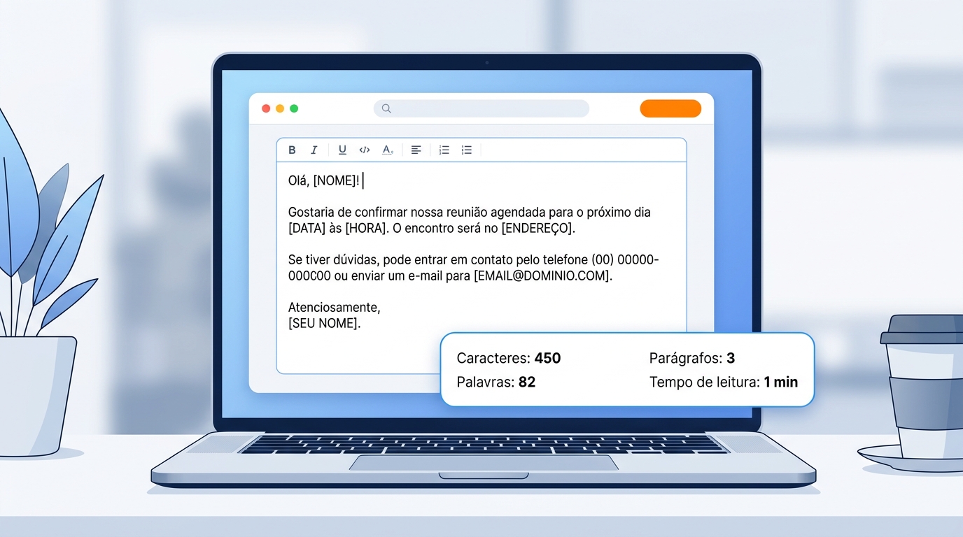 Painel do contador de caracteres mostrando métricas de palavras, caracteres com espaços e tempo de leitura estimado.