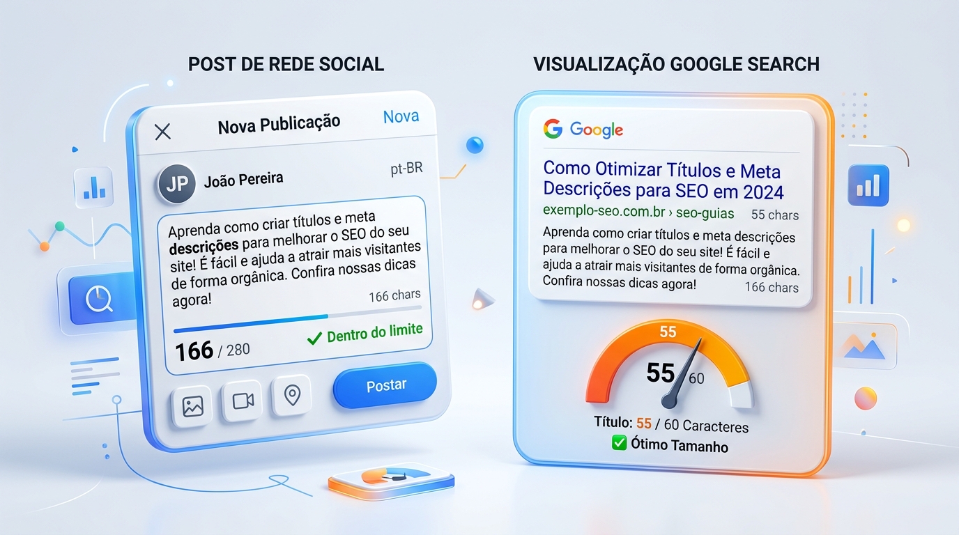 Ilustração mostrando ajuste de tamanho de texto para redes sociais e meta description de SEO dentro dos limites ideais.