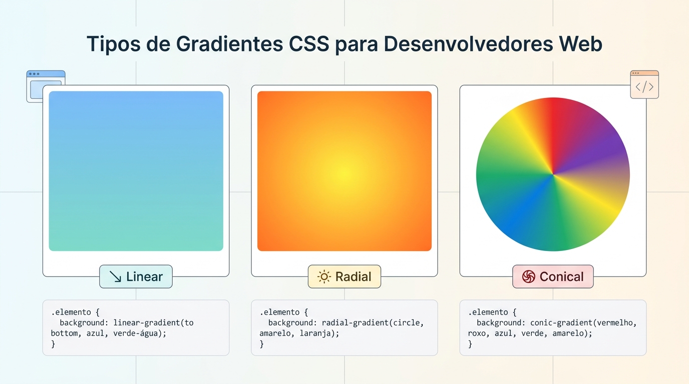 Exemplo de gradientes CSS linear, radial e cônico.