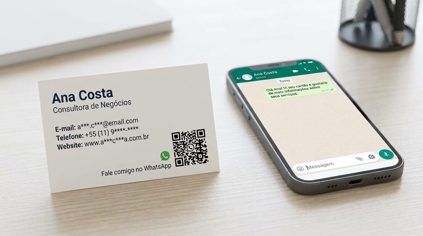 Exemplo de QR Code em cartão de visita para iniciar conversa no WhatsApp