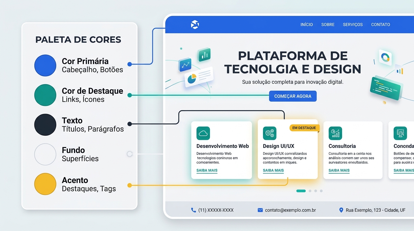 Paleta de cores aplicada em uma interface de site com fundo, botões e elementos visuais.