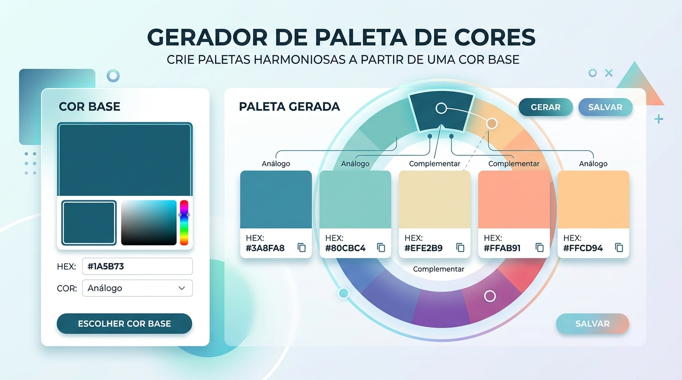 Gerador de paleta de cores criando combinações harmoniosas a partir de uma cor base.