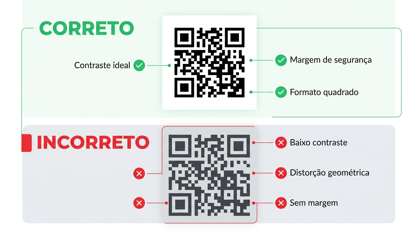 Exemplo de QR Code com bom contraste e margem livre versus QR Code distorcido
