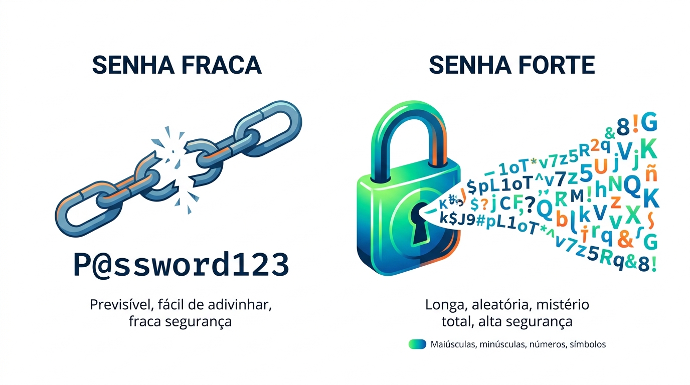 Comparativo visual de segurança entre senhas simples e previsíveis contra combinações longas e aleatórias geradas por algoritmo.