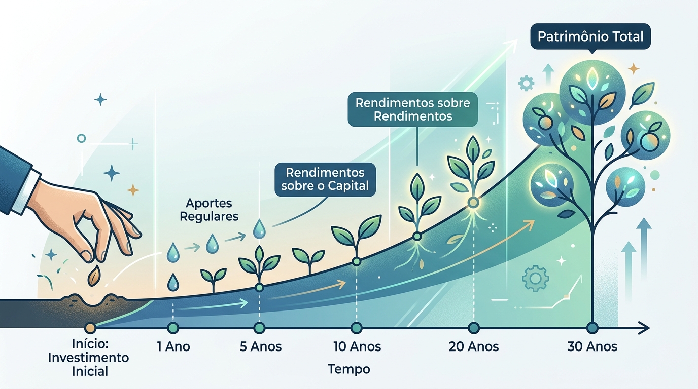 Ilustração mostrando o crescimento de um investimento ao longo do tempo com juros compostos.