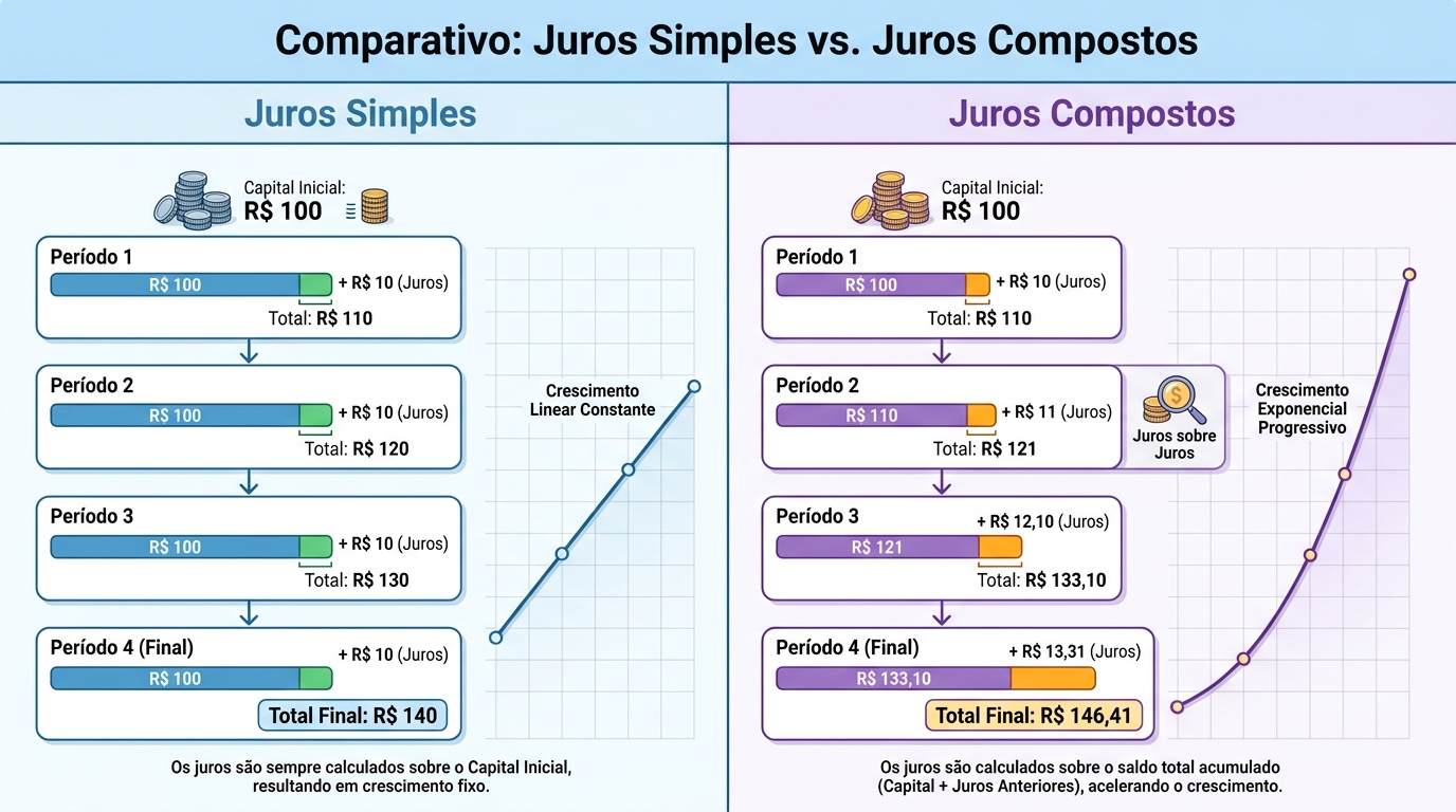 Fórmula de juros simples com capital taxa tempo juros e montante.