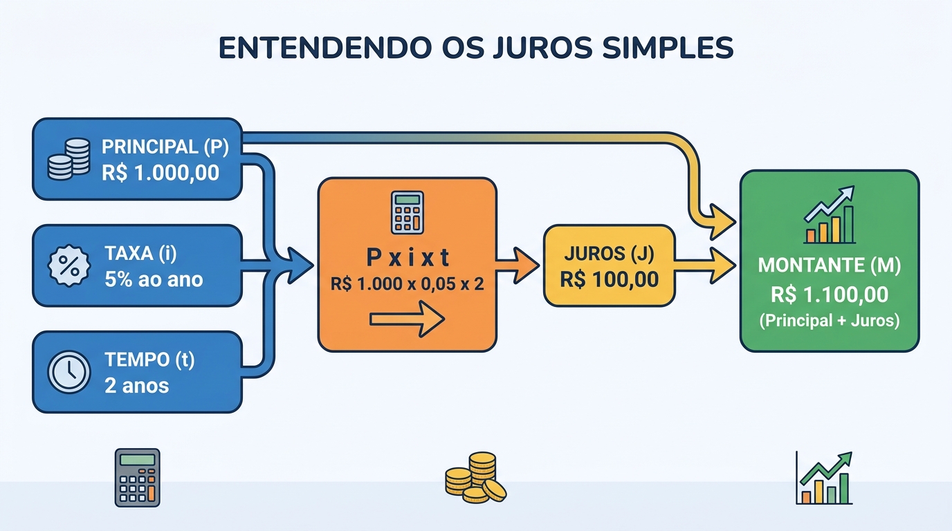 Fórmula de juros simples com capital taxa tempo juros e montante.
