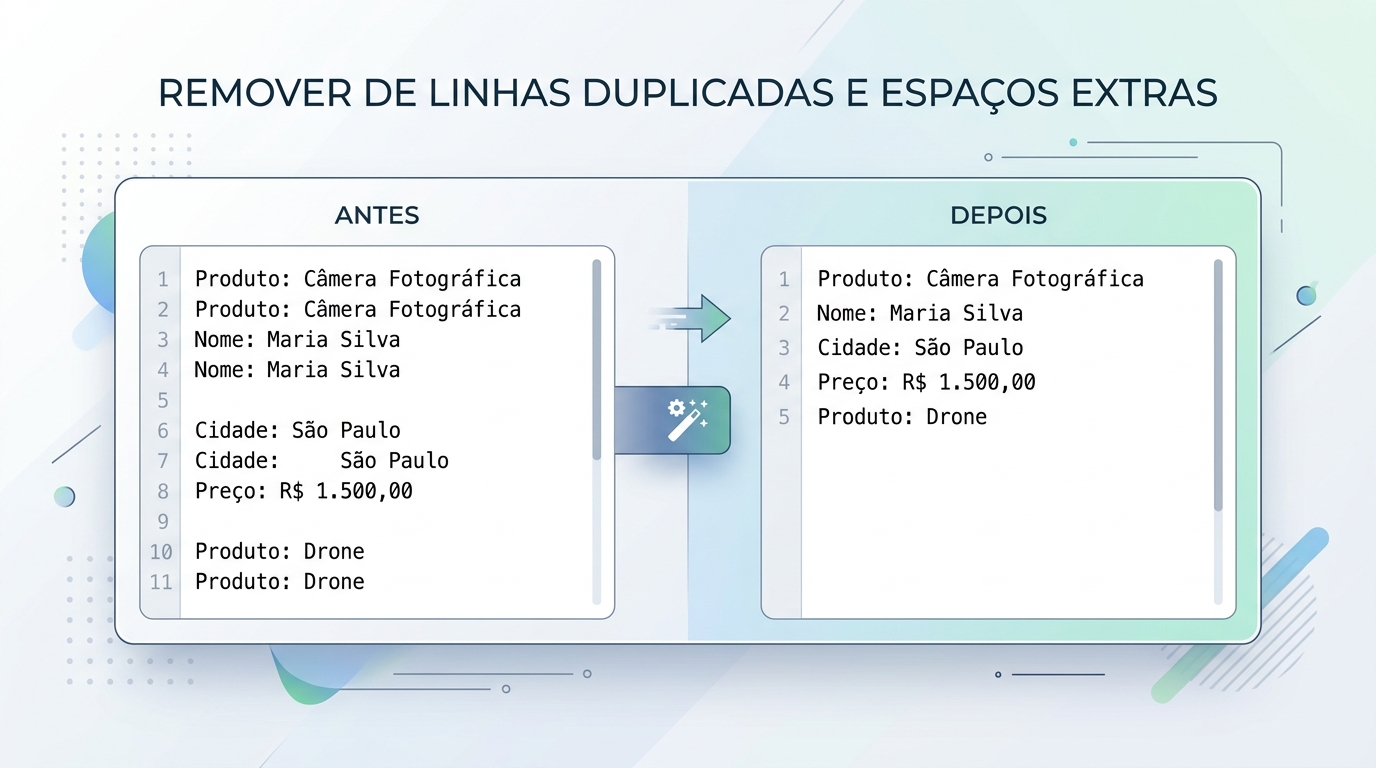 Exemplo de lista com linhas duplicadas e espaços extras antes e depois da limpeza.