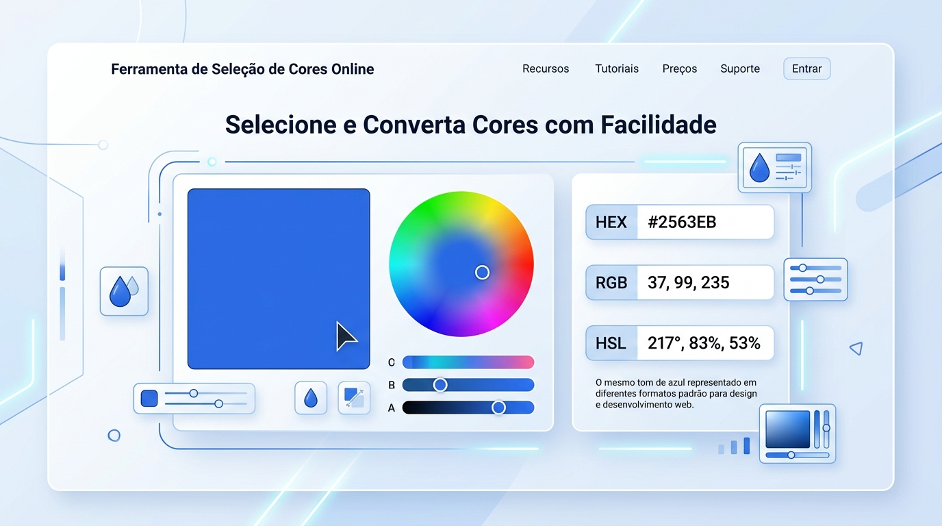 Seletor de cores mostrando os valores HEX, RGB e HSL de uma mesma cor.