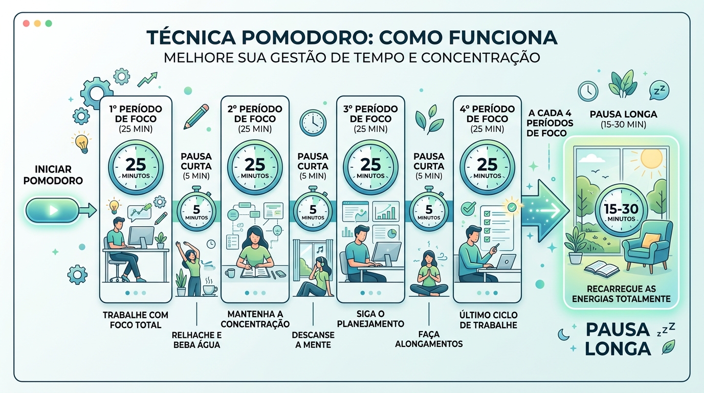 Ciclo da Técnica Pomodoro com períodos de foco e pausas.