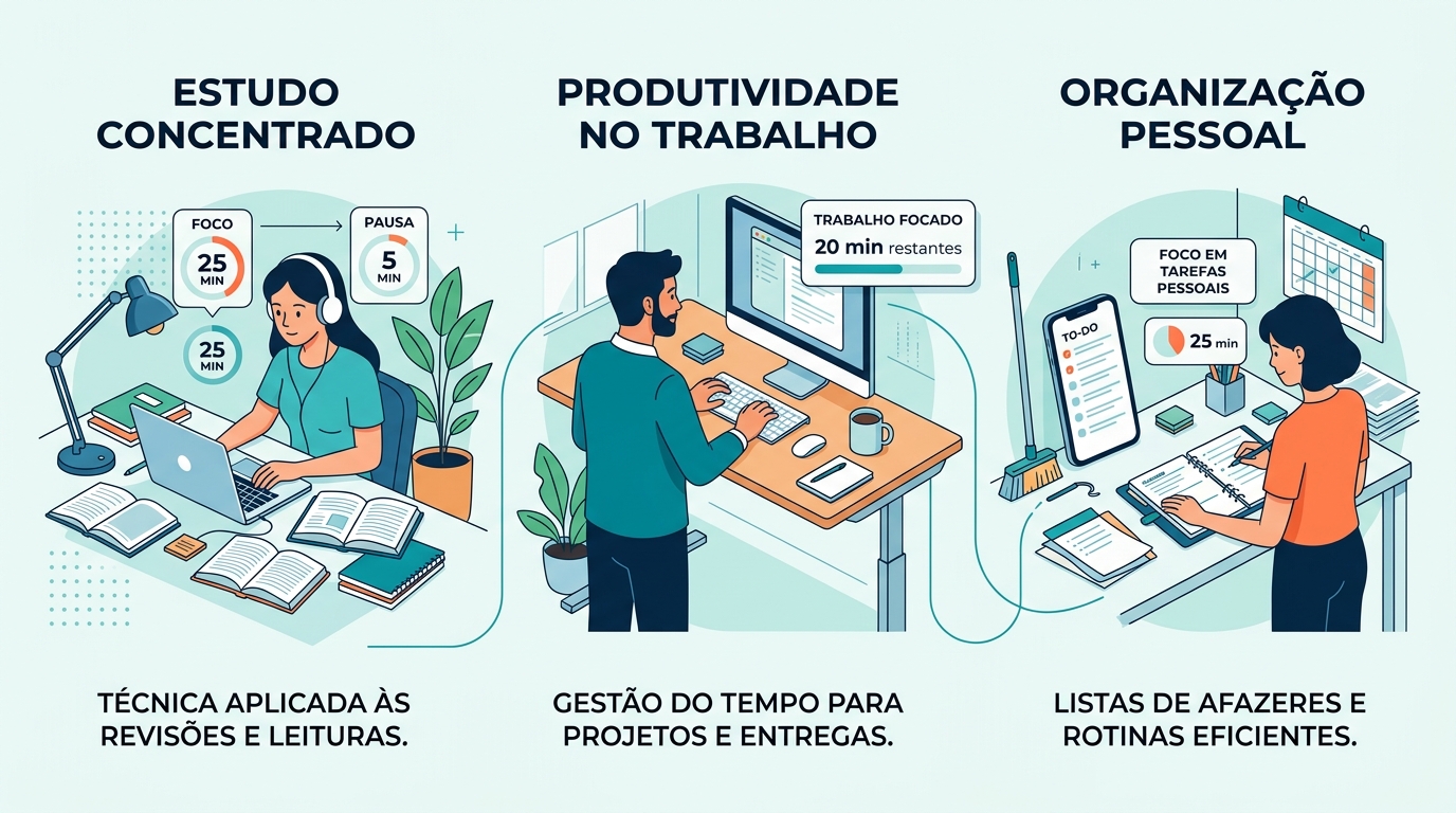 Uso do Timer Pomodoro para estudar, trabalhar e organizar tarefas.